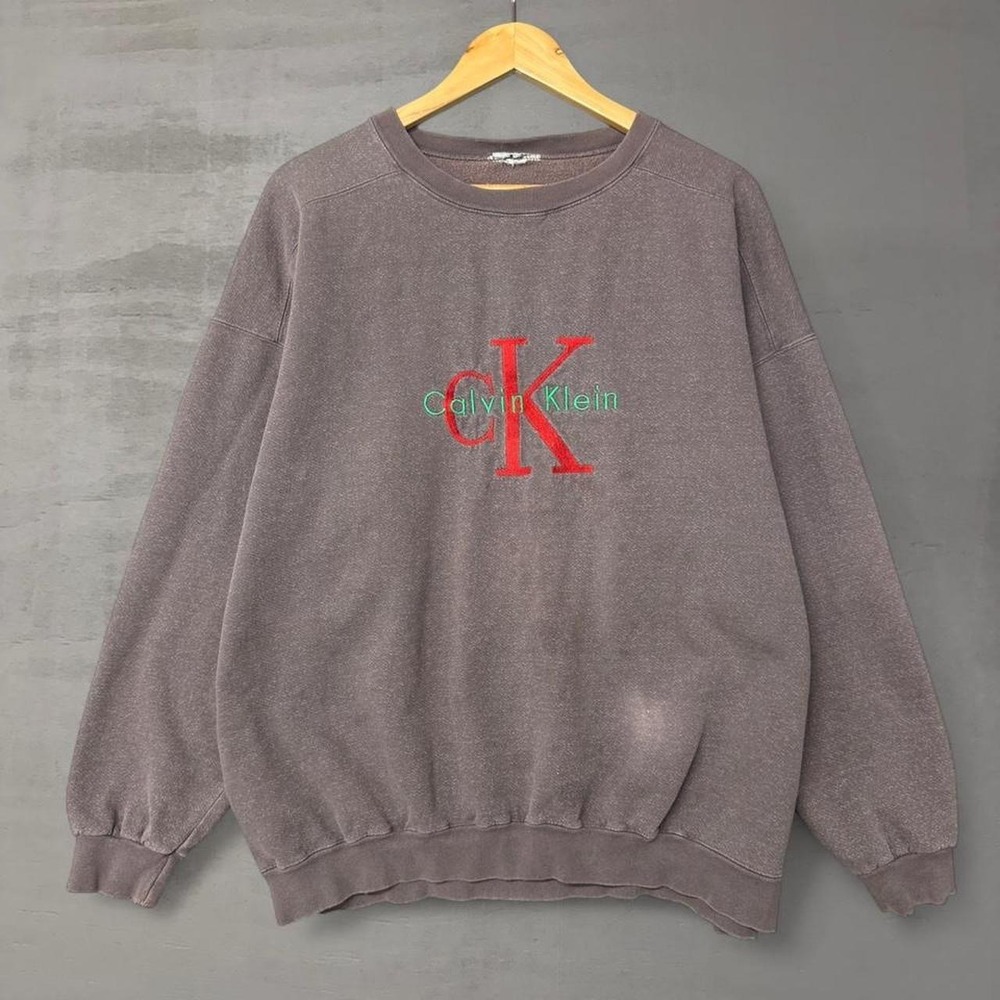 Vintage Calvin‎ Klein Sweatshirt Brown Vintage Embroidered CK Logo Pullover XL